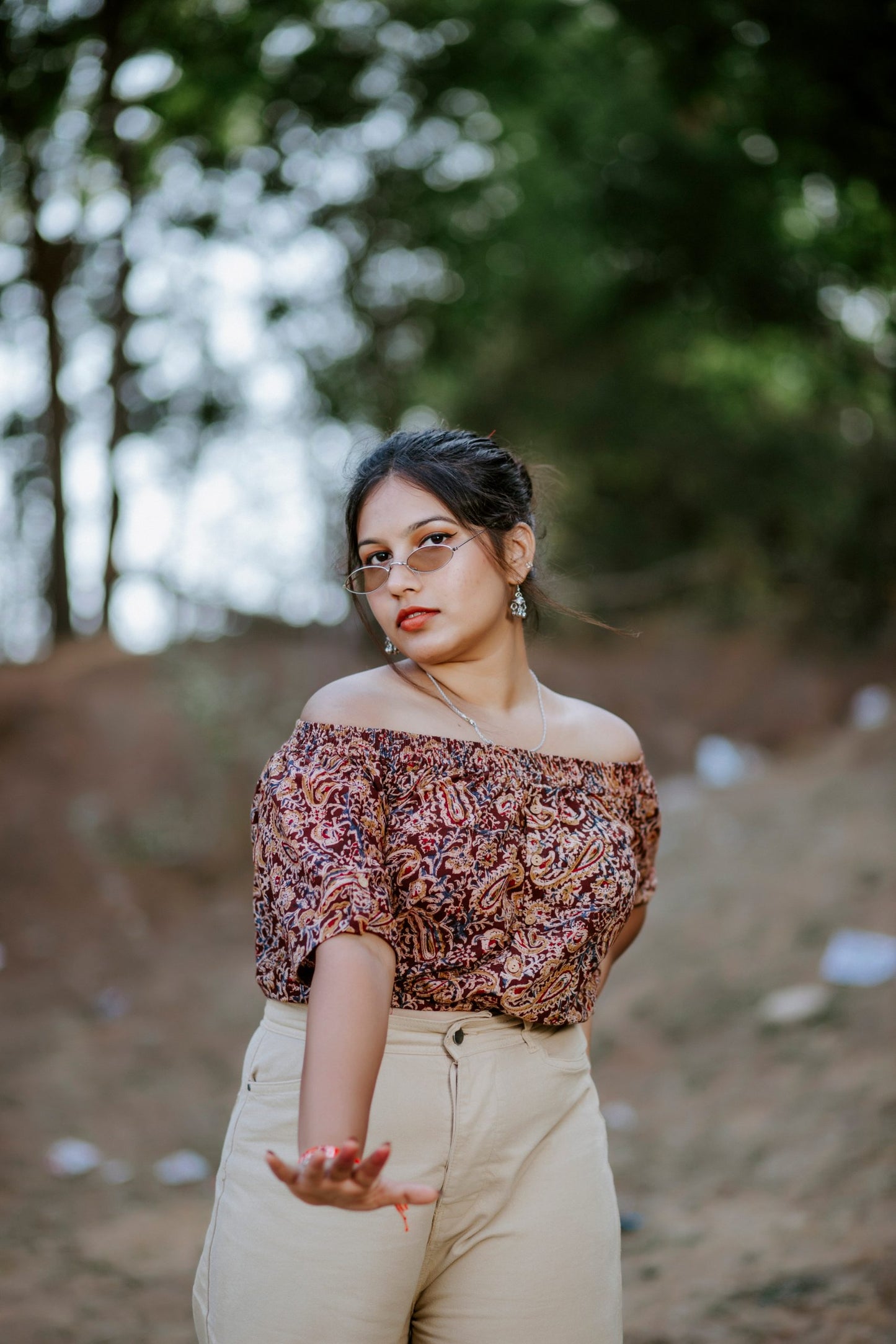 Chestnut Kalamkari Offshoulder Crop Top