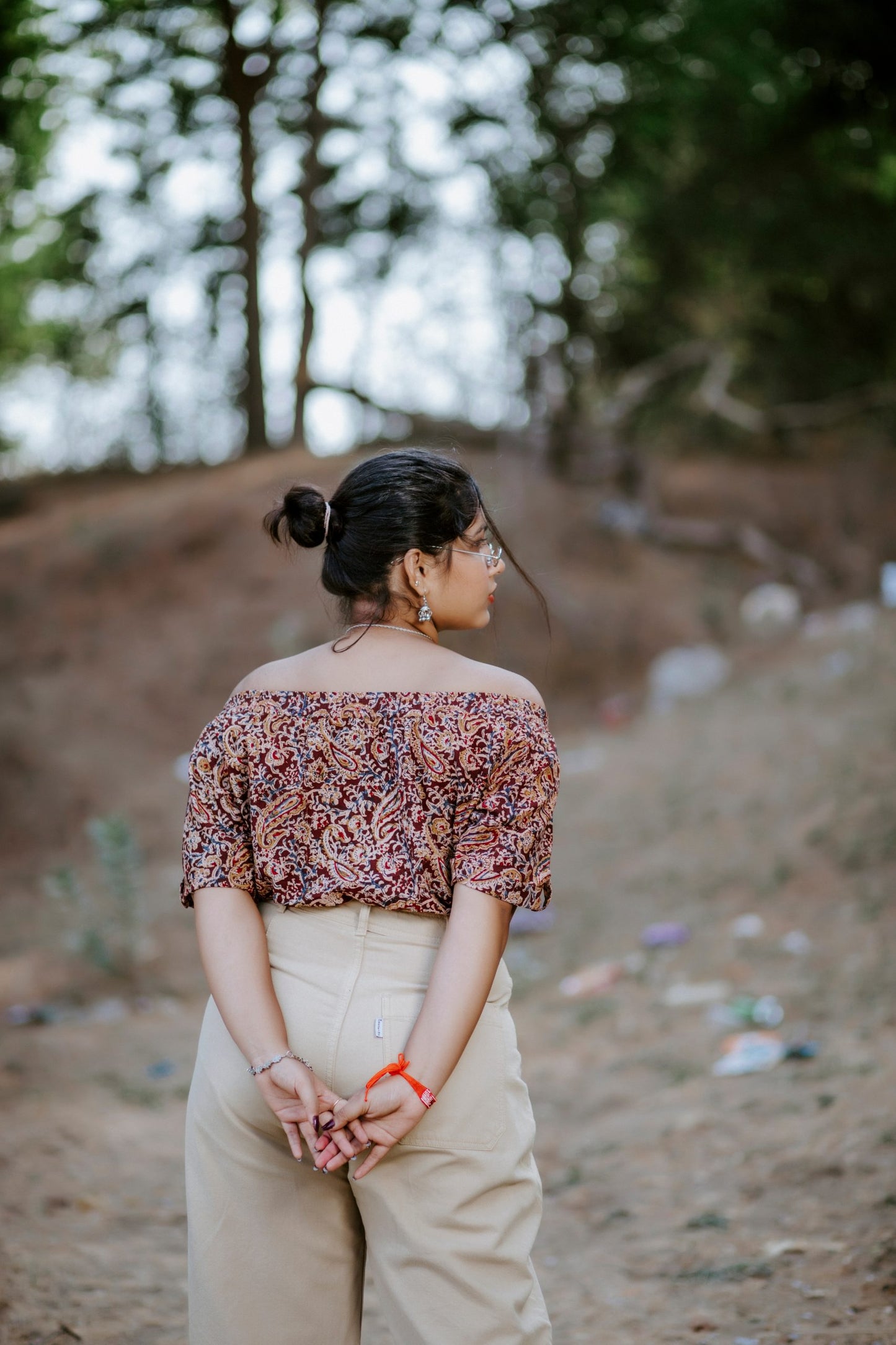 Chestnut Kalamkari Offshoulder Crop Top