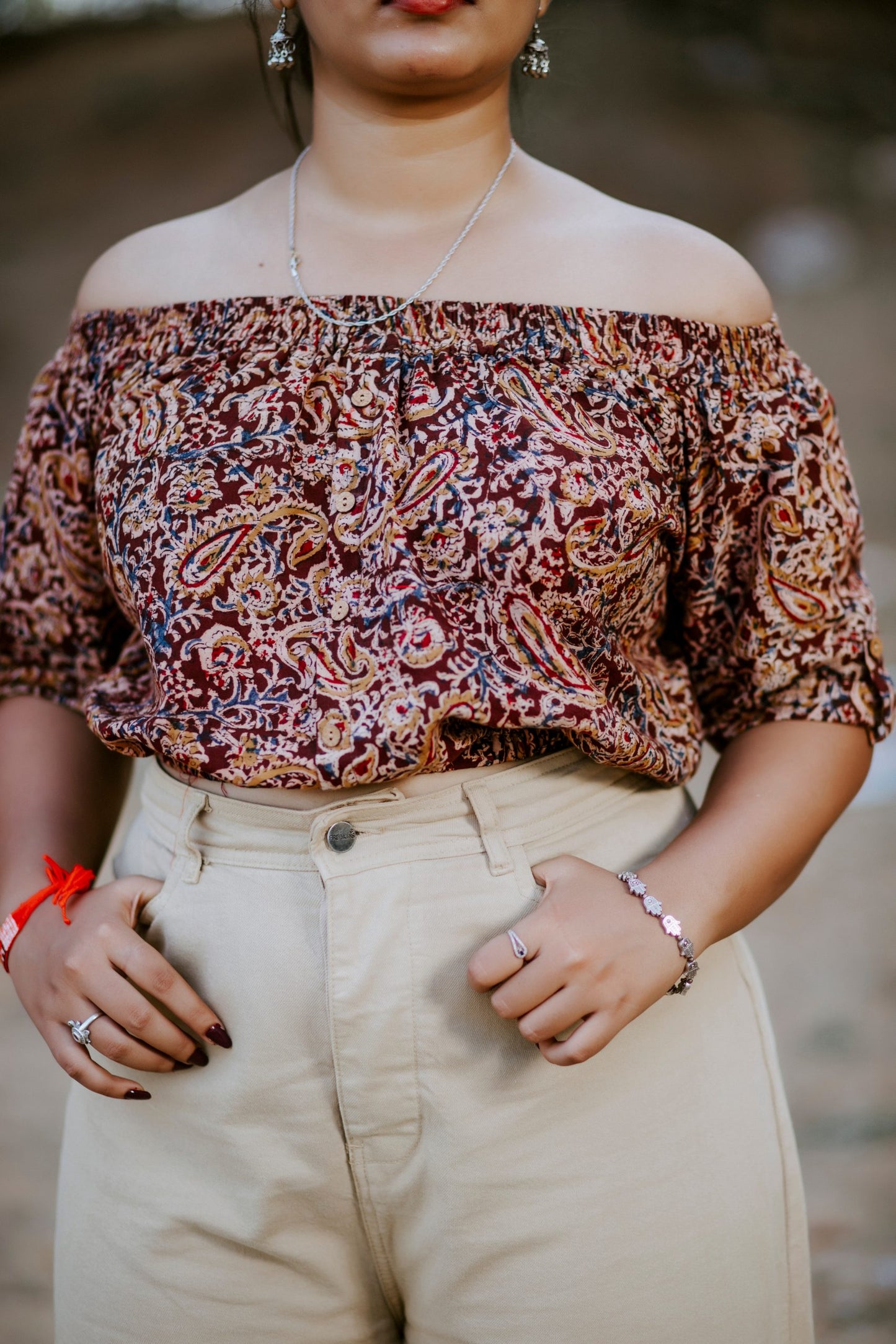 Chestnut Kalamkari Offshoulder Crop Top