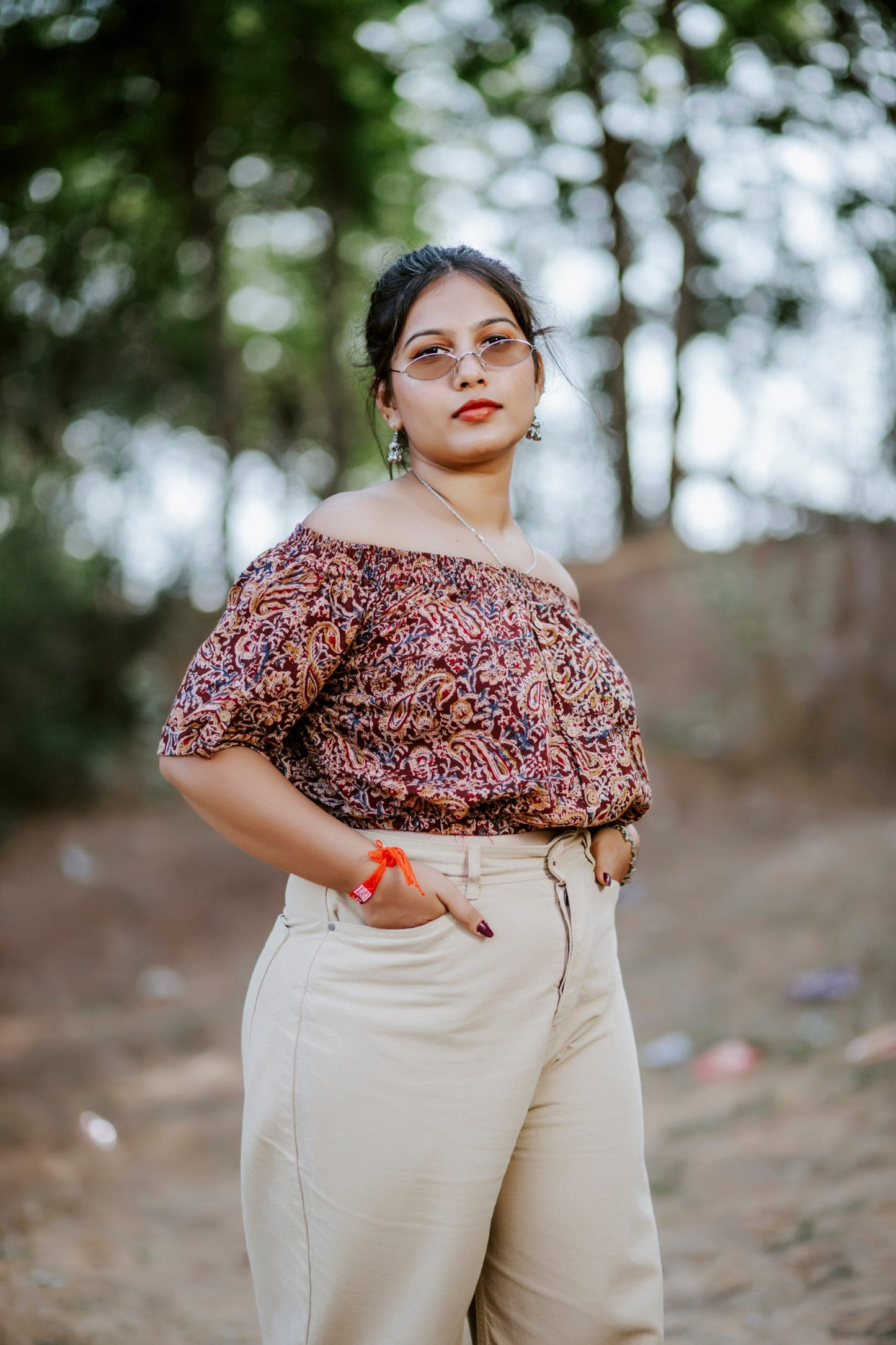 Chestnut Kalamkari Offshoulder Crop Top