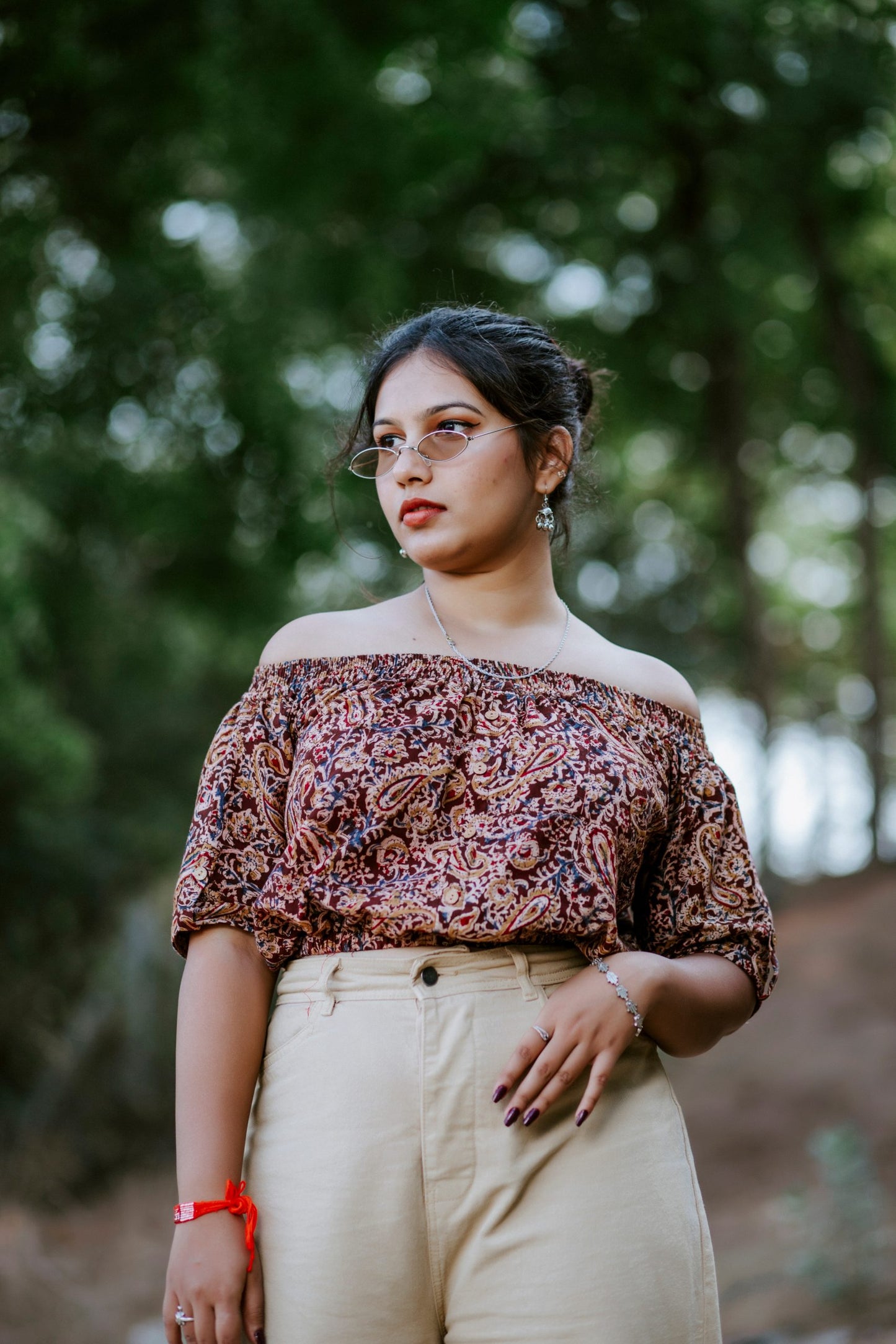 Chestnut Kalamkari Offshoulder Crop Top